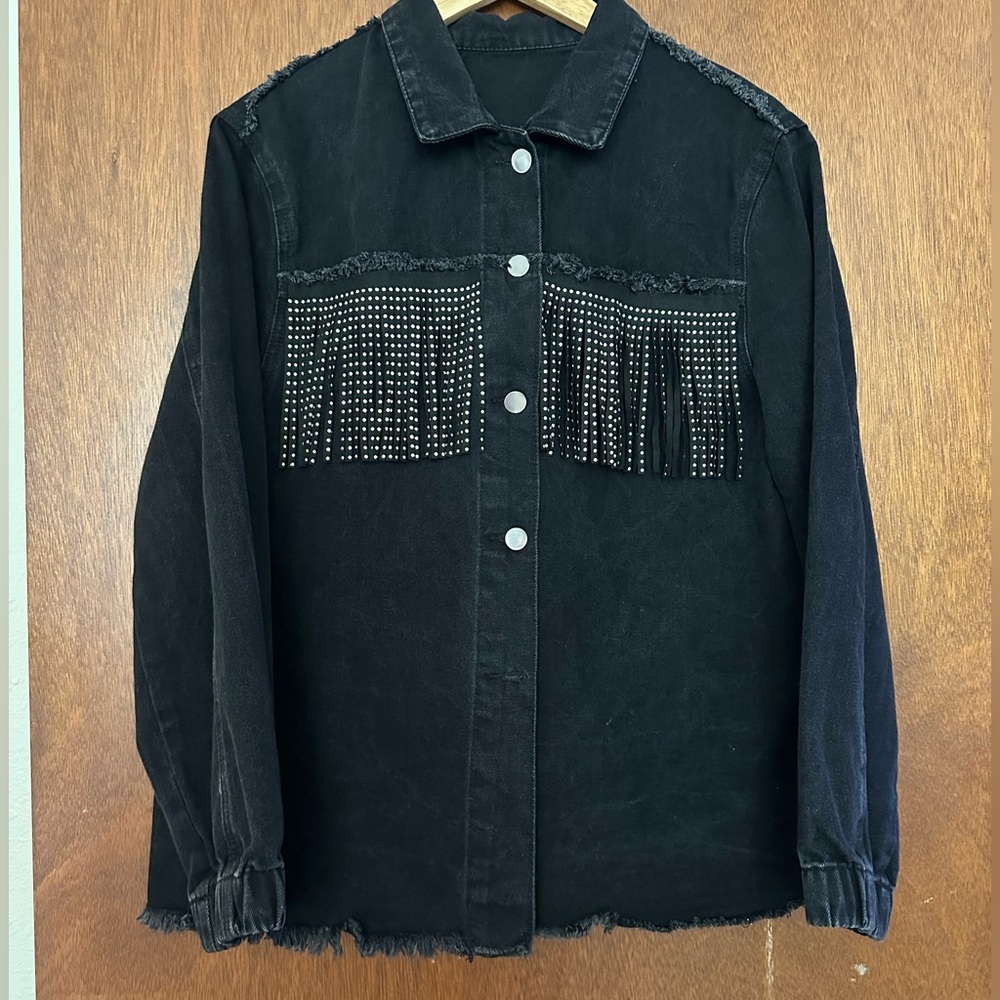 HAND PAINTED “You’re magic” Fringe Jean Jacket - Picture 2 of 3